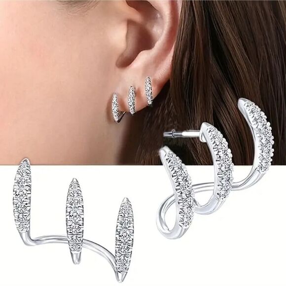 Dazzling Claw Design Stainless Steel Stud Earrings with Cubic Zirconia Silver - Picture 3 of 8